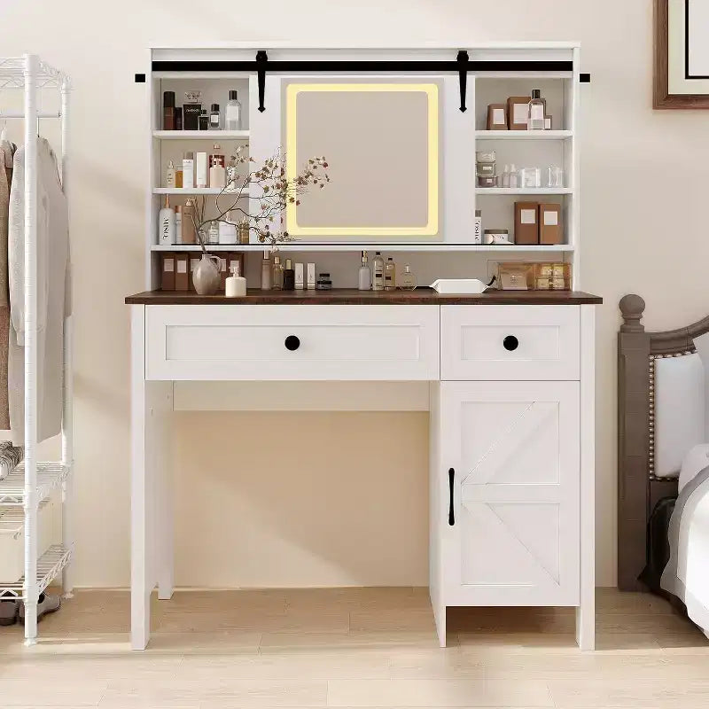Coiffeuse avec miroir éclairé à LED, table de maquillage avec station de recharge, tiroirs et tabouret de rangement, coiffeuse moderne blanche pour chambre