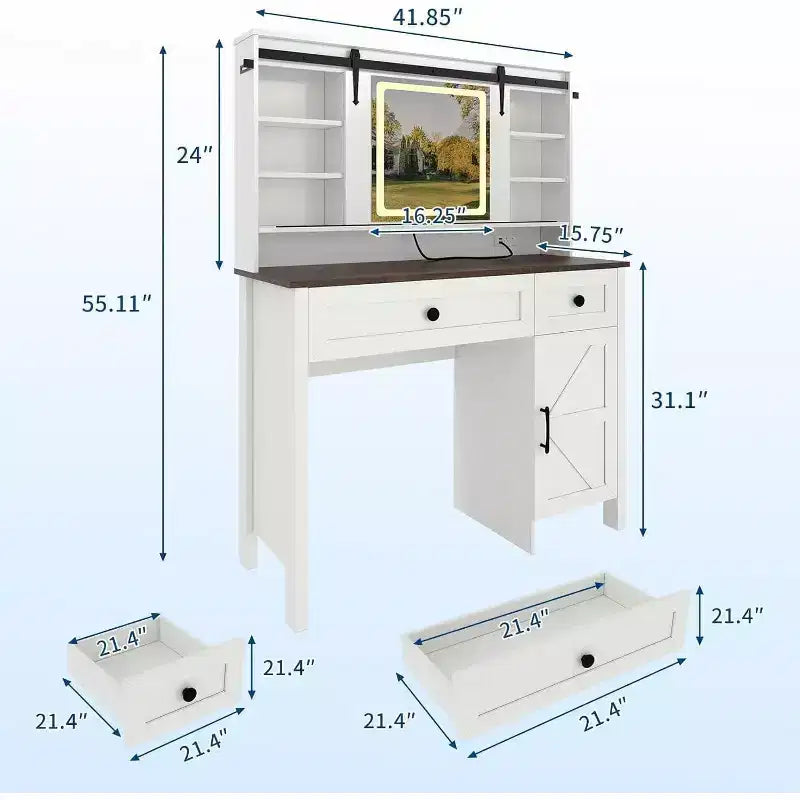 Coiffeuse avec miroir éclairé à LED, table de maquillage avec station de recharge, tiroirs et tabouret de rangement, coiffeuse moderne blanche pour chambre