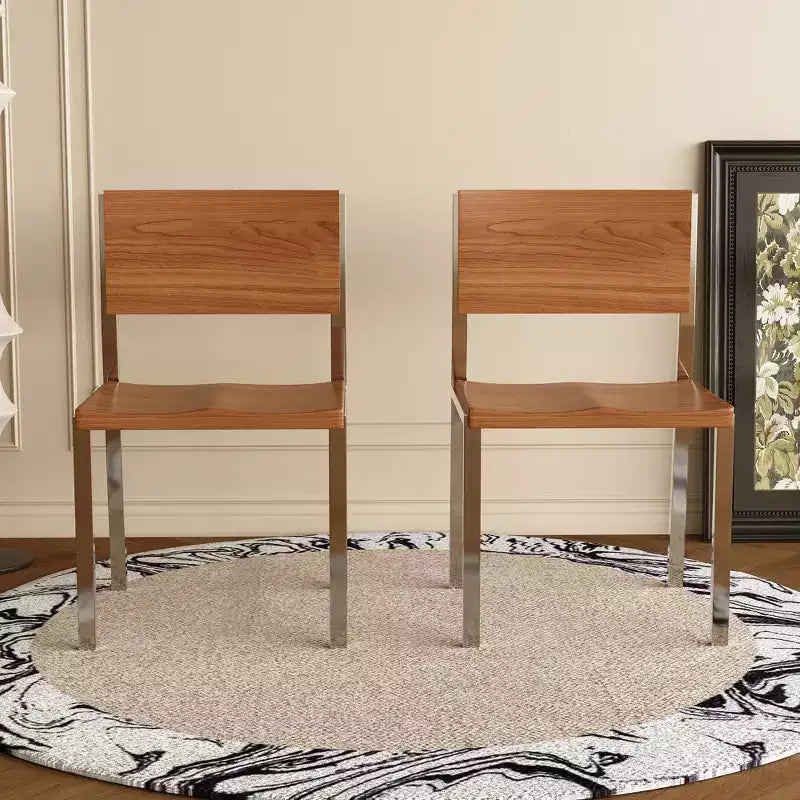 Silla de comedor moderna minimalista (juego de 2) - Estructura de acero inoxidable y asiento de madera maciza