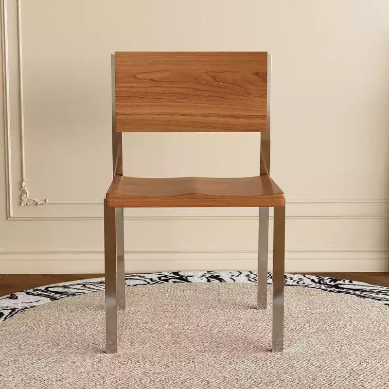 Silla de comedor moderna minimalista (juego de 2) - Estructura de acero inoxidable y asiento de madera maciza