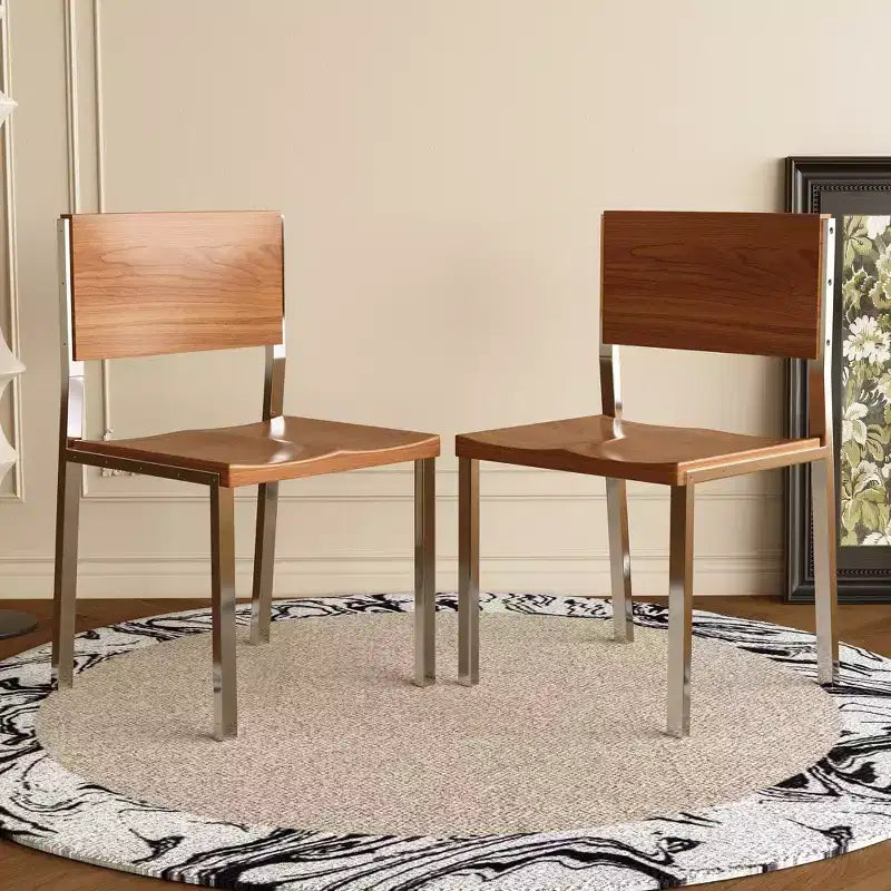 Silla de comedor moderna minimalista (juego de 2) - Estructura de acero inoxidable y asiento de madera maciza