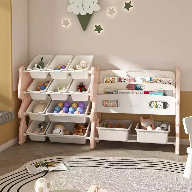 Organisateur de rangement pour jouets pour enfants de 34, module rose en polyéthylène avec bibliothèque à 2 niveaux et 12 bacs à jouets (salle de jeux/chambre/salle de classe)