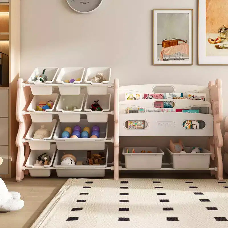 Organisateur de rangement pour jouets pour enfants de 34, module rose en polyéthylène avec bibliothèque à 2 niveaux et 12 bacs à jouets (salle de jeux/chambre/salle de classe)