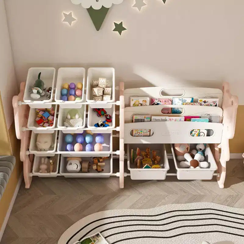 Organisateur de rangement pour jouets pour enfants de 34, module rose en polyéthylène avec bibliothèque à 2 niveaux et 12 bacs à jouets (salle de jeux/chambre/salle de classe)