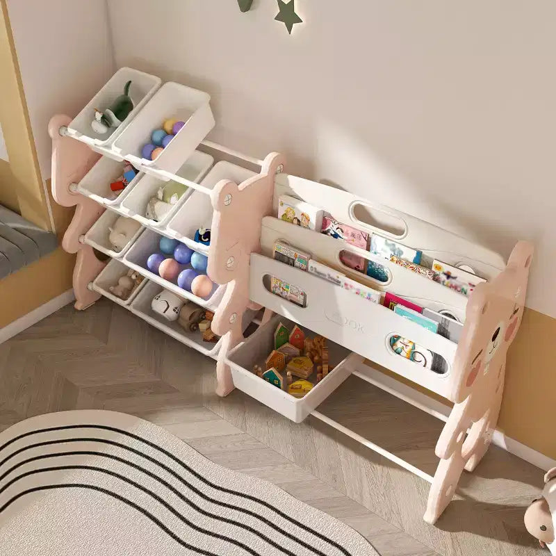 Spielzeug-Organizer für Kinder mit 34 Fächern, pinke Einheit aus Polyethylen mit 2-stufigem Bücherregal und 12 Spielzeugboxen (Organizer für Spielzimmer, Schlafzimmer und Klassenzimmer)