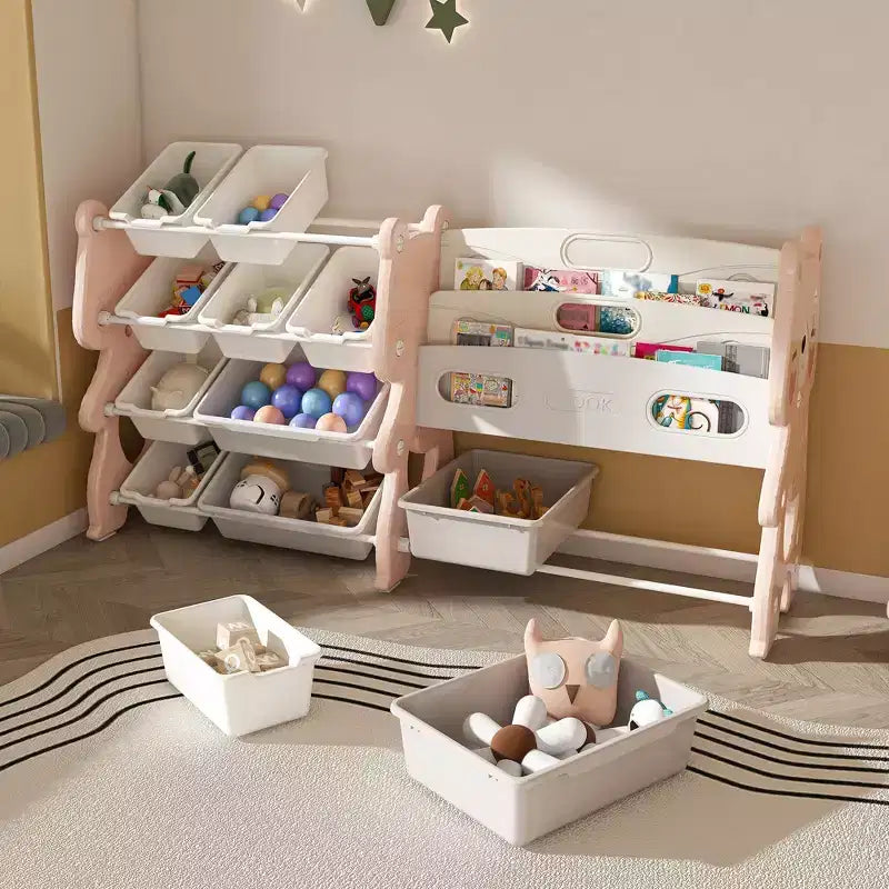 Organisateur de rangement pour jouets pour enfants de 34, module rose en polyéthylène avec bibliothèque à 2 niveaux et 12 bacs à jouets (salle de jeux/chambre/salle de classe)