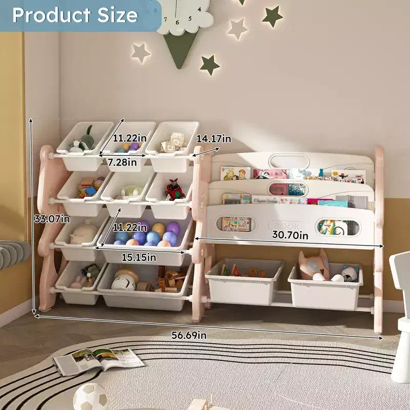 Spielzeug-Organizer für Kinder mit 34 Fächern, pinke Einheit aus Polyethylen mit 2-stufigem Bücherregal und 12 Spielzeugboxen (Organizer für Spielzimmer, Schlafzimmer und Klassenzimmer)
