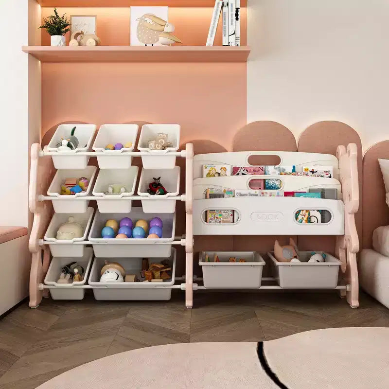 Spielzeug-Organizer für Kinder mit 34 Fächern, pinke Einheit aus Polyethylen mit 2-stufigem Bücherregal und 12 Spielzeugboxen (Organizer für Spielzimmer, Schlafzimmer und Klassenzimmer)