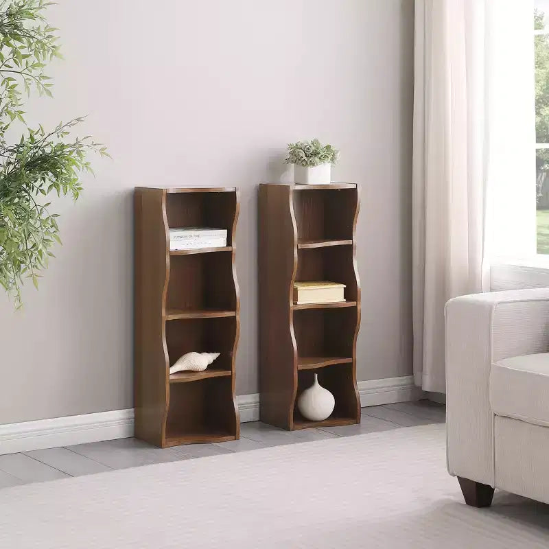 Bibliothèque réglable ultra-mince à niveaux, présentoir en MDF noyer avec bordure ondulée (organisateur amovible pour bureau à domicile)