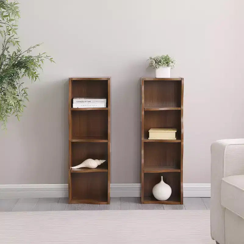 Estantería ajustable ultradelgada de niveles, expositor de MDF color nogal con borde ondulado (organizador desmontable para oficina en casa)