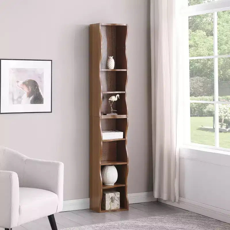 Estantería ajustable ultradelgada de niveles, expositor de MDF color nogal con borde ondulado (organizador desmontable para oficina en casa)