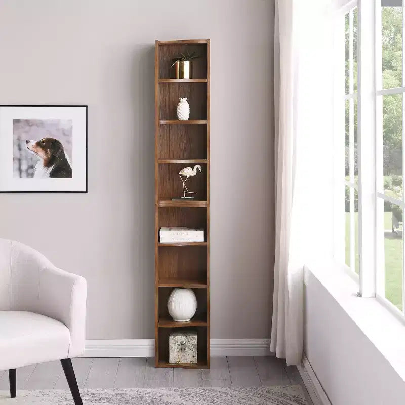 Estantería ajustable ultradelgada de niveles, expositor de MDF color nogal con borde ondulado (organizador desmontable para oficina en casa)