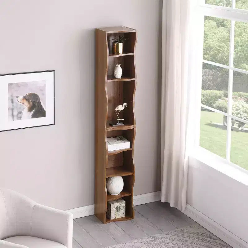 Bibliothèque réglable ultra-mince à niveaux, présentoir en MDF noyer avec bordure ondulée (organisateur amovible pour bureau à domicile)