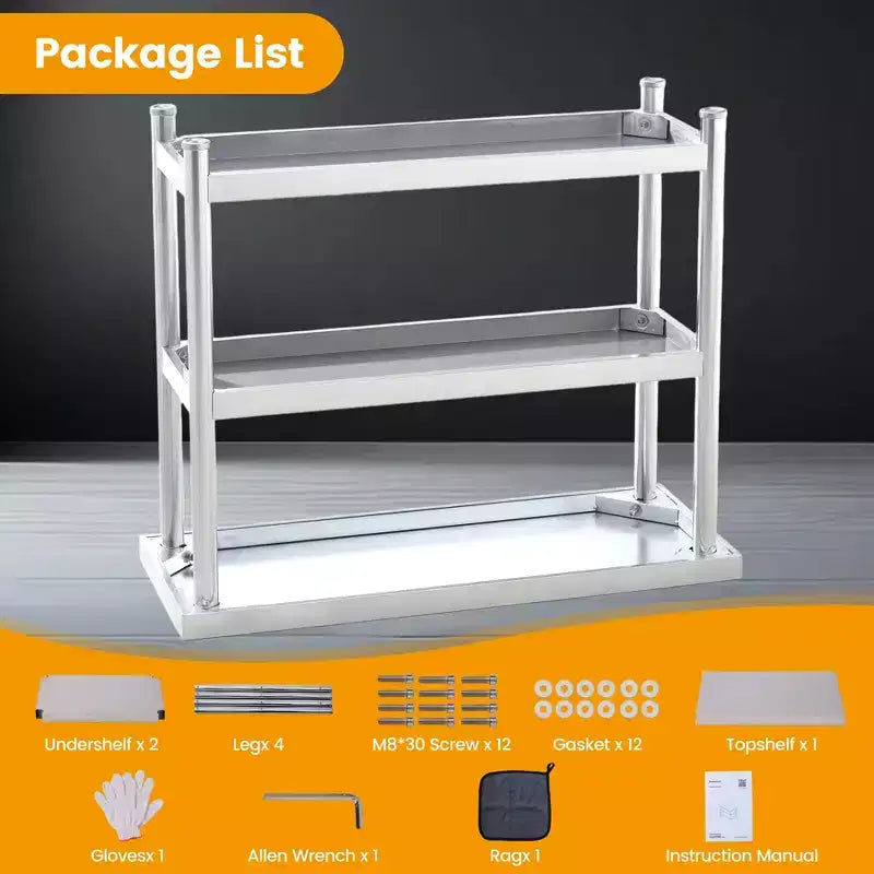 Robuster Edelstahl-Arbeitstisch mit 3 Ebenen, rostbeständige Werkbank für drinnen und draußen mit Ablagefächern für Küche oder Terrasse, 14x24x34 Inch