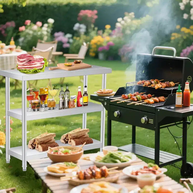 Robuster Edelstahl-Arbeitstisch mit 3 Ebenen, rostbeständige Werkbank für drinnen und draußen mit Ablagefächern für Küche oder Terrasse, 14x24x34 Inch