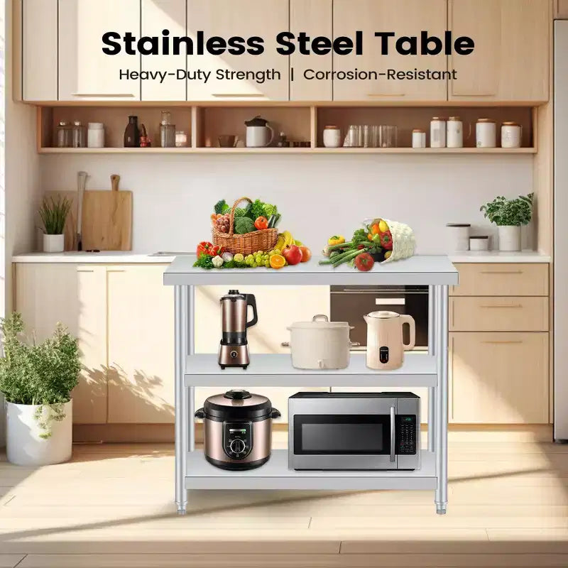 Robuster Edelstahl-Arbeitstisch mit 3 Ebenen, rostbeständige Werkbank für drinnen und draußen mit Ablagefächern für Küche oder Terrasse, 14x24x34 Inch