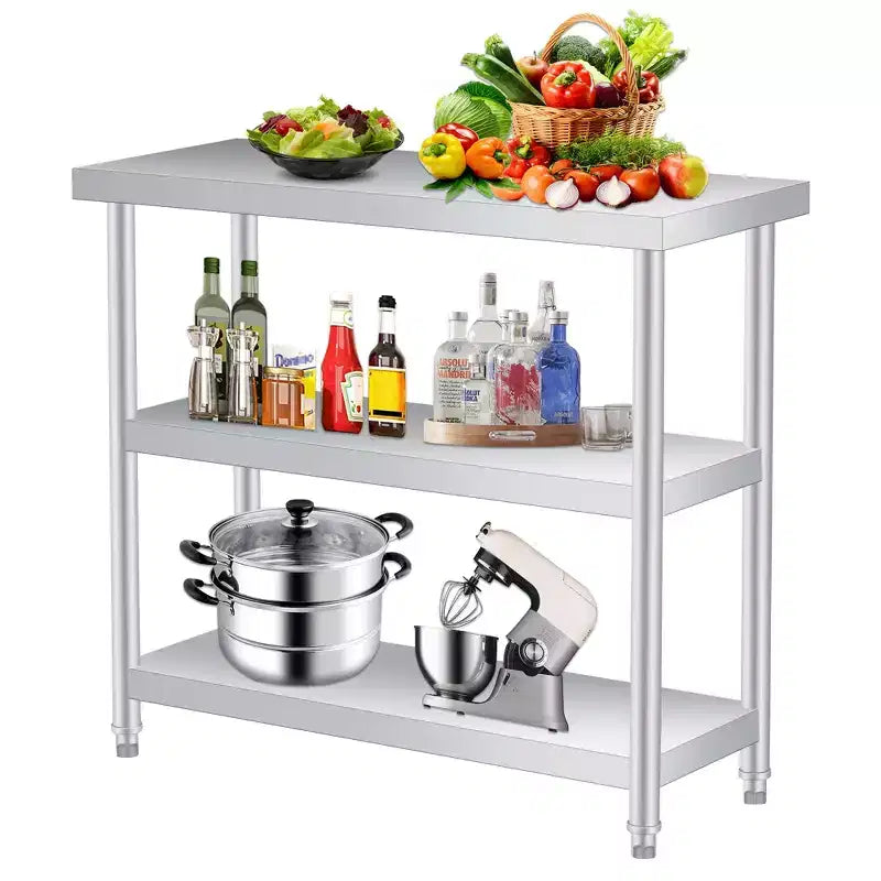 Mesa utilitaria de acero inoxidable de 3 niveles para uso intensivo, banco de trabajo resistente al óxido para interiores y exteriores con estantes de almacenamiento para cocina o patio, 14x24x34 pulgadas