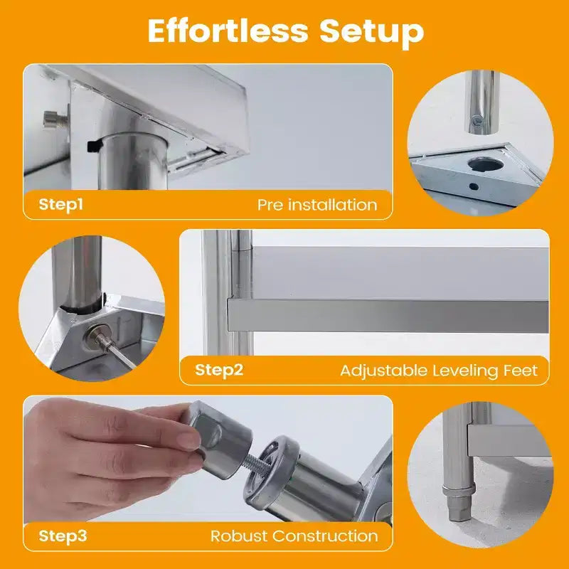 Mesa utilitaria de acero inoxidable de 3 niveles para uso intensivo, banco de trabajo resistente al óxido para interiores y exteriores con estantes de almacenamiento para cocina o patio, 14x24x34 pulgadas