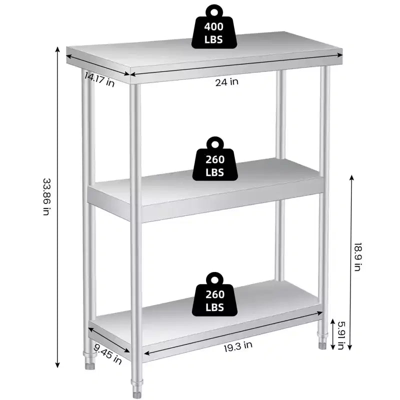 Mesa utilitaria de acero inoxidable de 3 niveles para uso intensivo, banco de trabajo resistente al óxido para interiores y exteriores con estantes de almacenamiento para cocina o patio, 14x24x34 pulgadas