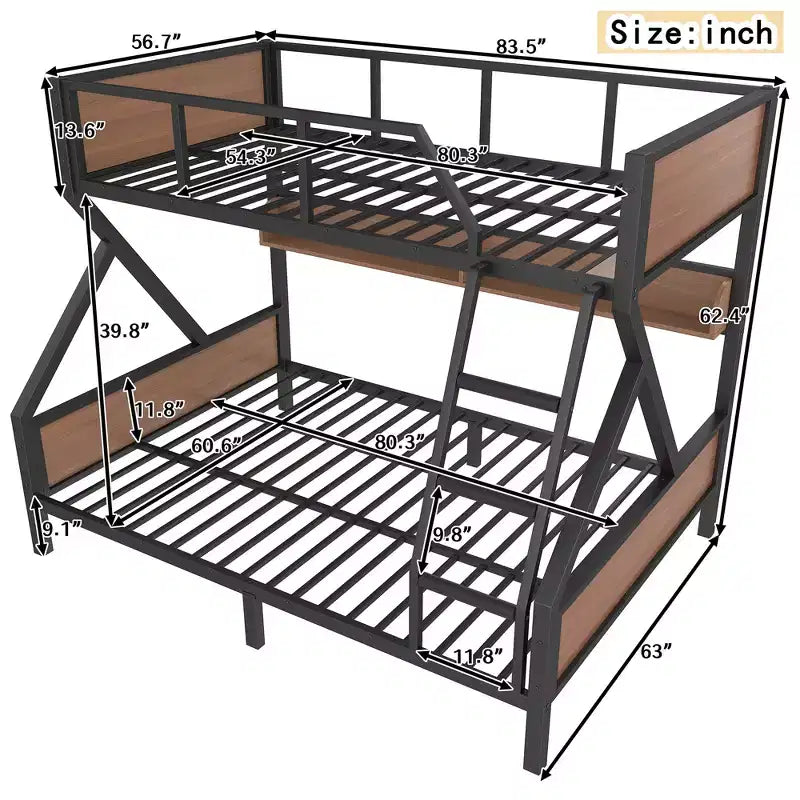 Litera Full XL/Queen o Full+tablero de almacenamiento/Queen, litera metálica con estantes de almacenamiento y luces, diseño que ahorra espacio y no hace ruido, negra