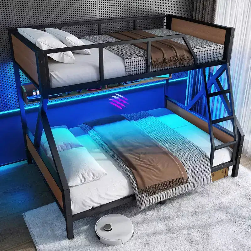 Lit superposé pour matelas Full XL/Queen ou Full + panneau de rangement/Queen, en métal avec étagères de rangement et éclairage, conception peu encombrante et silencieuse, noir