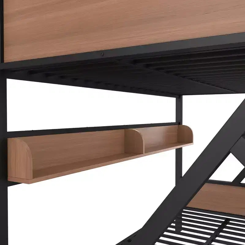 Lit superposé pour matelas Full XL/Queen ou Full + panneau de rangement/Queen, en métal avec étagères de rangement et éclairage, conception peu encombrante et silencieuse, noir