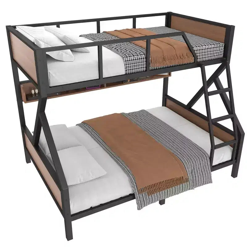 Litera Full XL/Queen o Full+tablero de almacenamiento/Queen, litera metálica con estantes de almacenamiento y luces, diseño que ahorra espacio y no hace ruido, negra