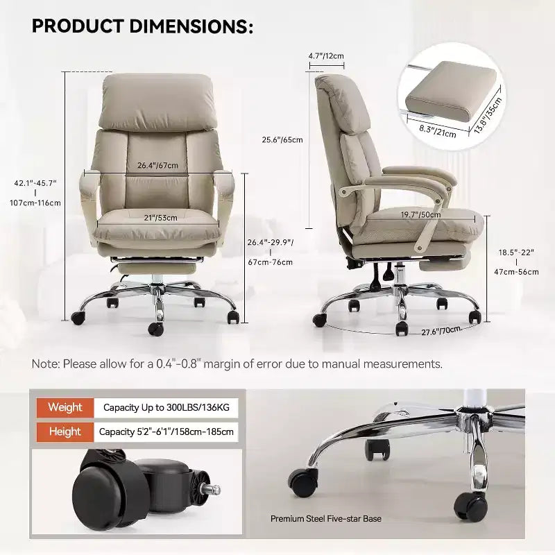 Cómoda silla de oficina con respaldo alto, cuero PU, reclinable, giratoria, con ruedas y soporte lumbar