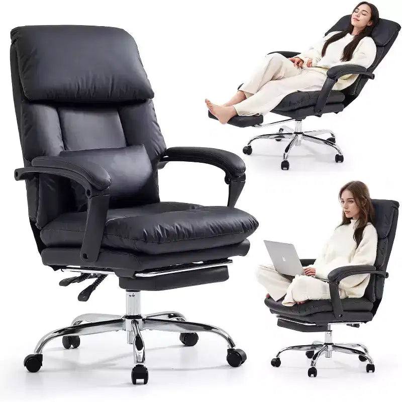 Cómoda silla de oficina con respaldo alto, cuero PU, reclinable, giratoria, con ruedas y soporte lumbar