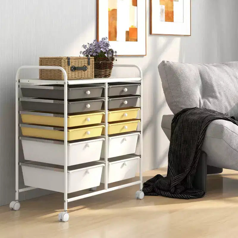 Mobiler Aufbewahrungswagen mit Schubladen, halbtransparent/schwarz/bunt/grau + beige + gelb/mehrfarbig/hautfarben/weiß/macaronsfarben/lila/knallpink