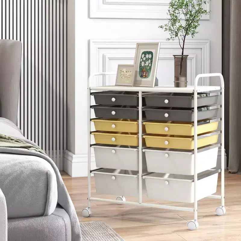 Mobiler Aufbewahrungswagen mit Schubladen, halbtransparent/schwarz/bunt/grau + beige + gelb/mehrfarbig/hautfarben/weiß/macaronsfarben/lila/knallpink