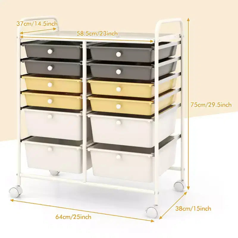 Mobiler Aufbewahrungswagen mit Schubladen, halbtransparent/schwarz/bunt/grau + beige + gelb/mehrfarbig/hautfarben/weiß/macaronsfarben/lila/knallpink