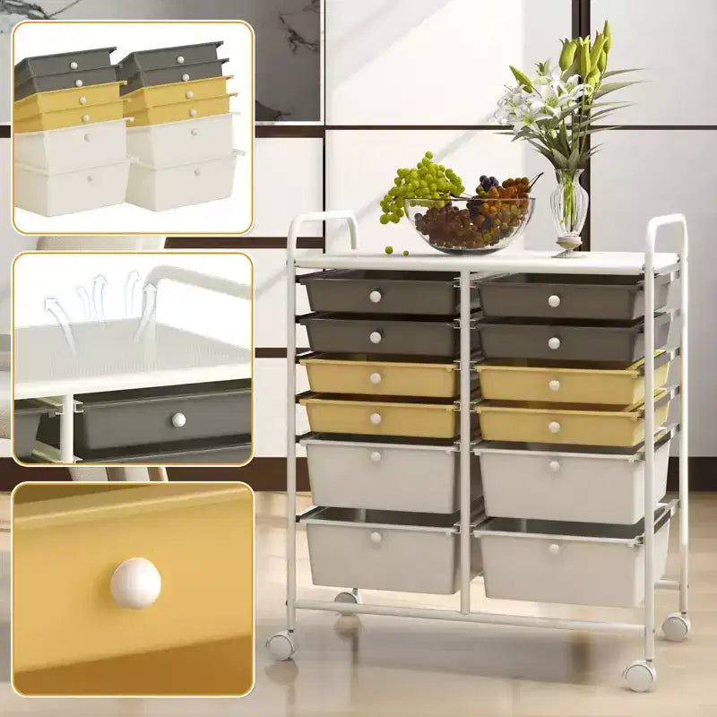 Mobiler Aufbewahrungswagen mit Schubladen, halbtransparent/schwarz/bunt/grau + beige + gelb/mehrfarbig/hautfarben/weiß/macaronsfarben/lila/knallpink