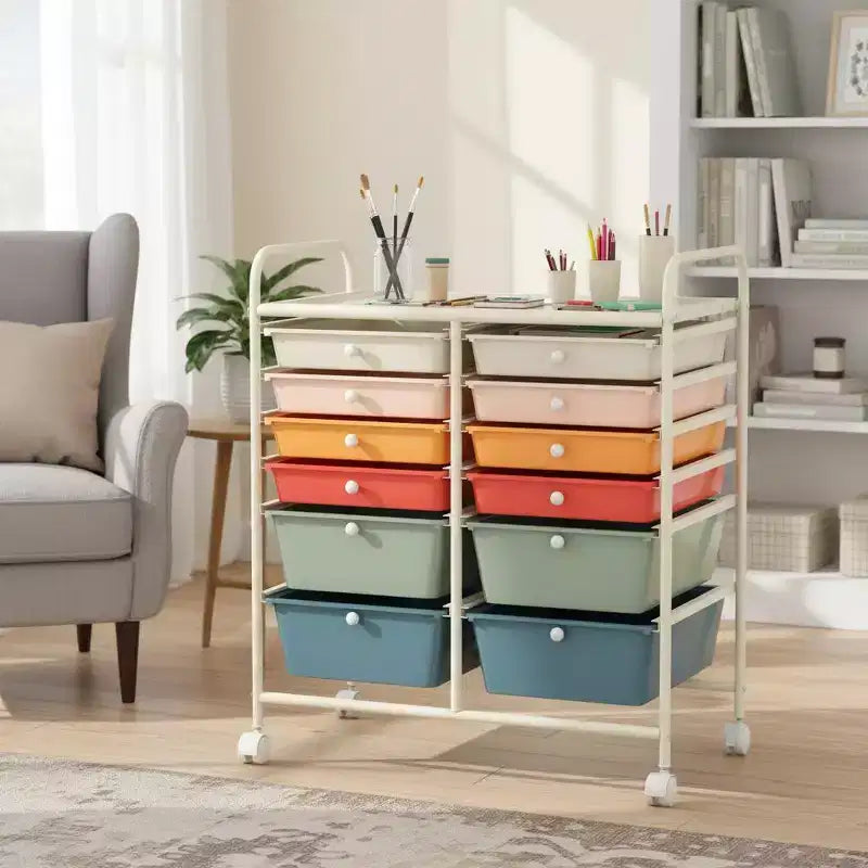 Mobiler Aufbewahrungswagen mit Schubladen, halbtransparent/schwarz/bunt/grau + beige + gelb/mehrfarbig/hautfarben/weiß/macaronsfarben/lila/knallpink