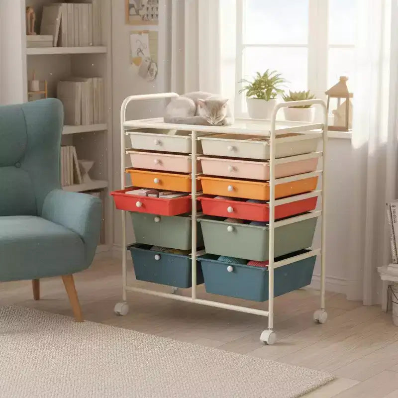 Mobiler Aufbewahrungswagen mit Schubladen, halbtransparent/schwarz/bunt/grau + beige + gelb/mehrfarbig/hautfarben/weiß/macaronsfarben/lila/knallpink