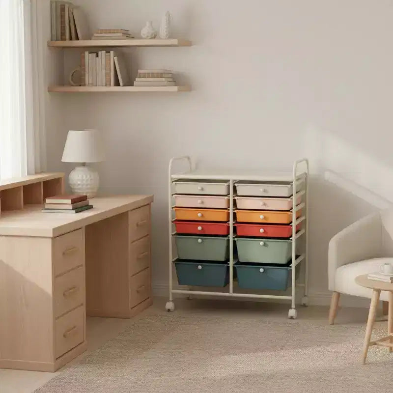 Mobiler Aufbewahrungswagen mit Schubladen, halbtransparent/schwarz/bunt/grau + beige + gelb/mehrfarbig/hautfarben/weiß/macaronsfarben/lila/knallpink