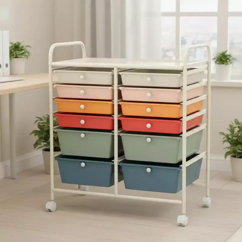 Mobiler Aufbewahrungswagen mit Schubladen, halbtransparent/schwarz/bunt/grau + beige + gelb/mehrfarbig/hautfarben/weiß/macaronsfarben/lila/knallpink