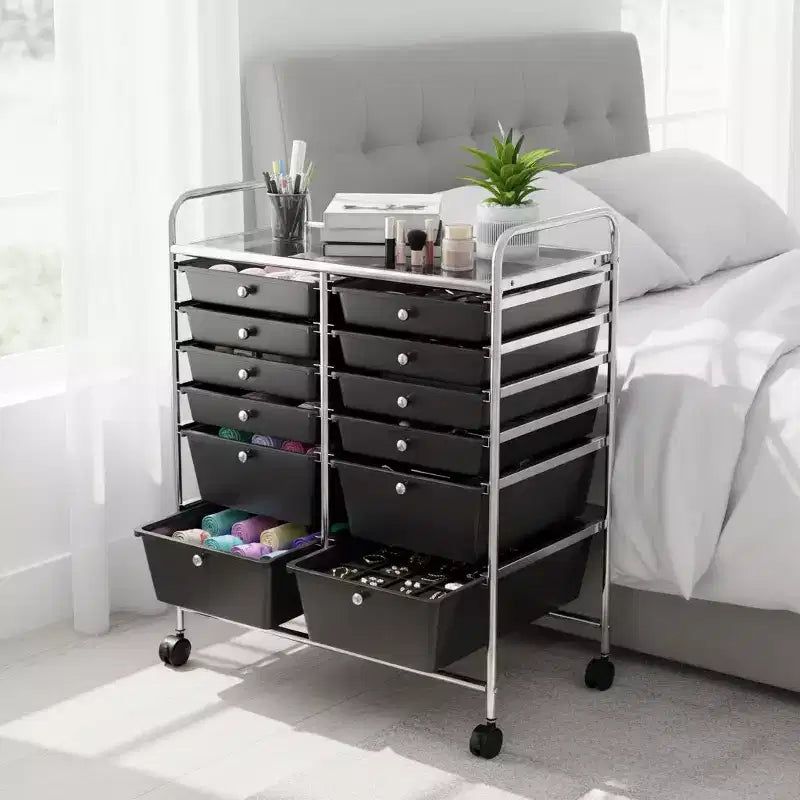 Mobiler Aufbewahrungswagen mit Schubladen, halbtransparent/schwarz/bunt/grau + beige + gelb/mehrfarbig/hautfarben/weiß/macaronsfarben/lila/knallpink