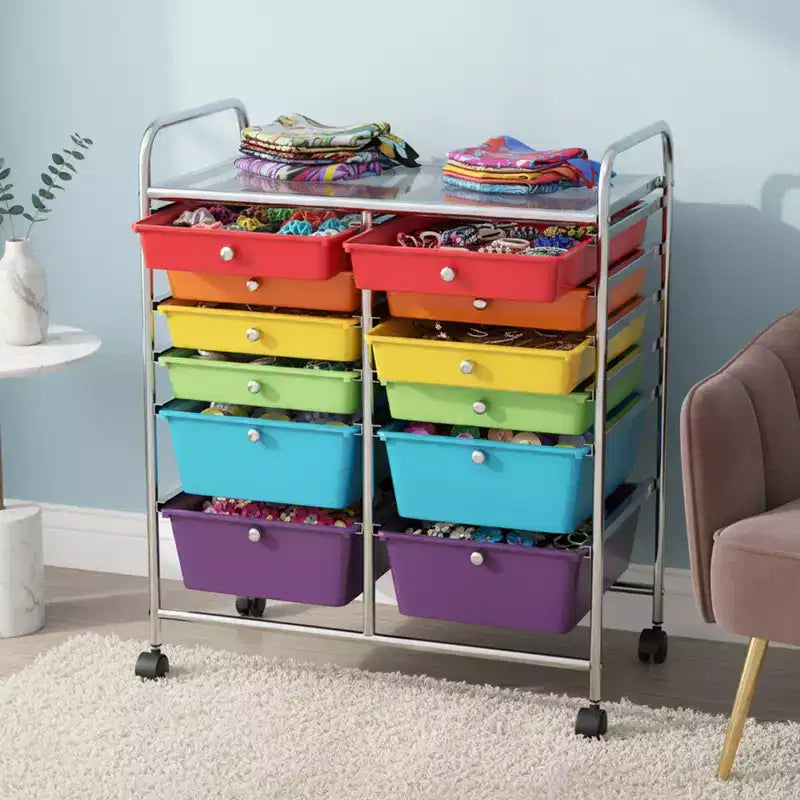 Mobiler Aufbewahrungswagen mit Schubladen, halbtransparent/schwarz/bunt/grau + beige + gelb/mehrfarbig/hautfarben/weiß/macaronsfarben/lila/knallpink