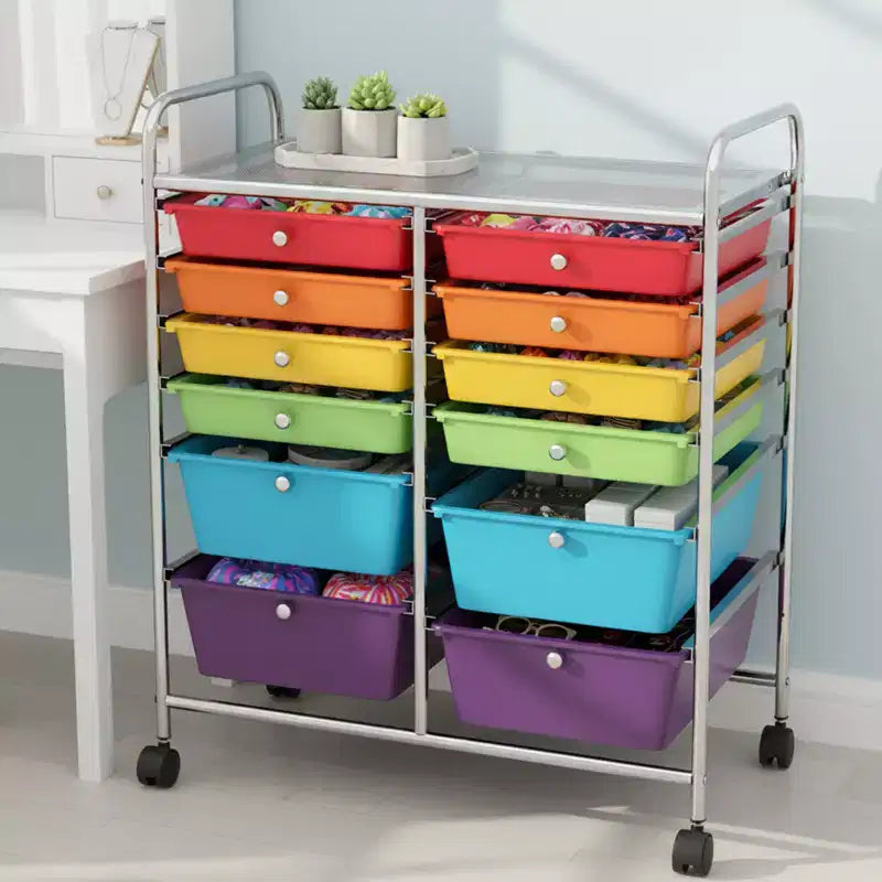 Mobiler Aufbewahrungswagen mit Schubladen, halbtransparent/schwarz/bunt/grau + beige + gelb/mehrfarbig/hautfarben/weiß/macaronsfarben/lila/knallpink