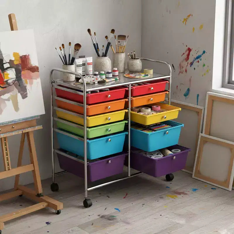 Mobiler Aufbewahrungswagen mit Schubladen, halbtransparent/schwarz/bunt/grau + beige + gelb/mehrfarbig/hautfarben/weiß/macaronsfarben/lila/knallpink