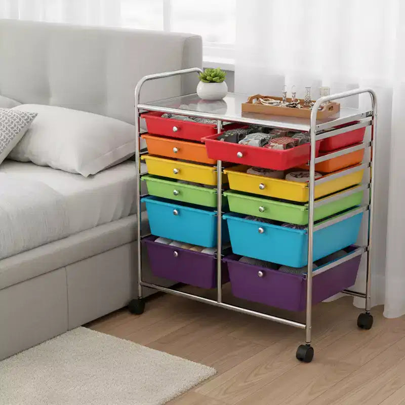 Mobiler Aufbewahrungswagen mit Schubladen, halbtransparent/schwarz/bunt/grau + beige + gelb/mehrfarbig/hautfarben/weiß/macaronsfarben/lila/knallpink