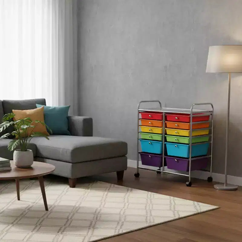 Mobiler Aufbewahrungswagen mit Schubladen, halbtransparent/schwarz/bunt/grau + beige + gelb/mehrfarbig/hautfarben/weiß/macaronsfarben/lila/knallpink