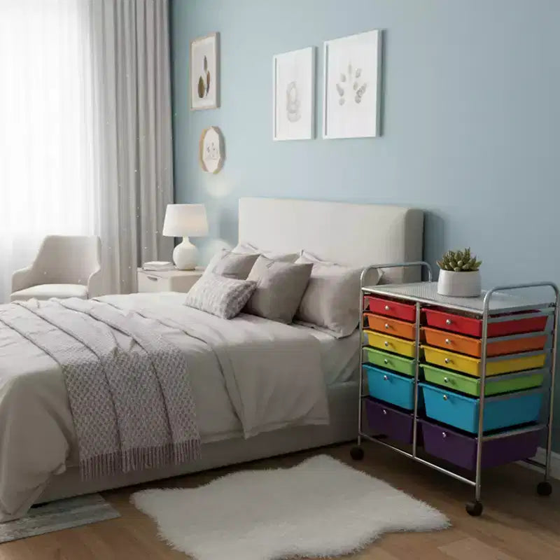 Mobiler Aufbewahrungswagen mit Schubladen, halbtransparent/schwarz/bunt/grau + beige + gelb/mehrfarbig/hautfarben/weiß/macaronsfarben/lila/knallpink