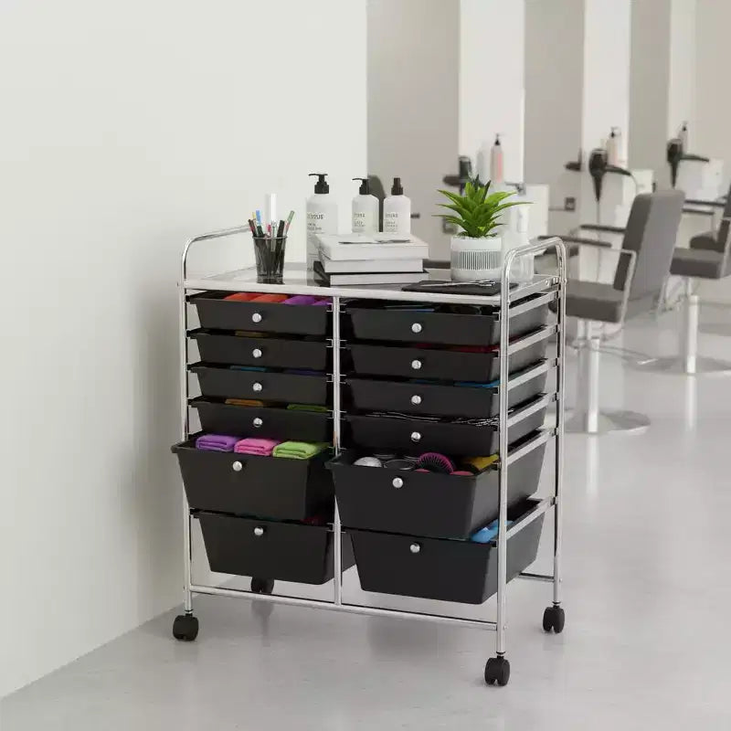 Mobiler Aufbewahrungswagen mit Schubladen, halbtransparent/schwarz/bunt/grau + beige + gelb/mehrfarbig/hautfarben/weiß/macaronsfarben/lila/knallpink