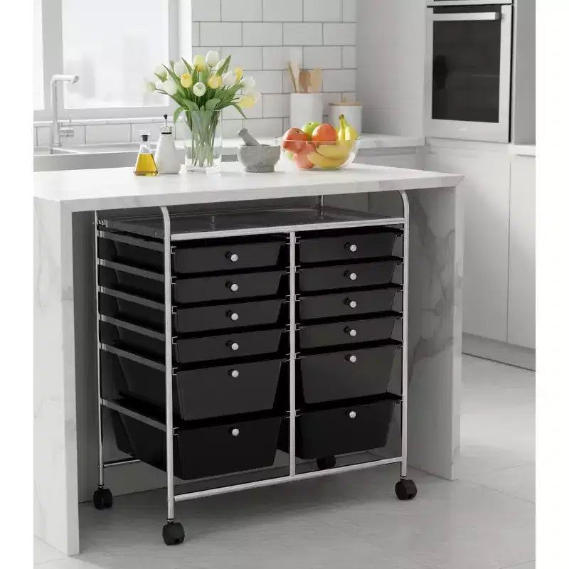 Mobiler Aufbewahrungswagen mit Schubladen, halbtransparent/schwarz/bunt/grau + beige + gelb/mehrfarbig/hautfarben/weiß/macaronsfarben/lila/knallpink