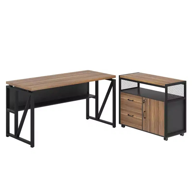 Bureau de direction en L de 63, avec étagères de rangement et caisson mobile à 2 tiroirs pour dossiers