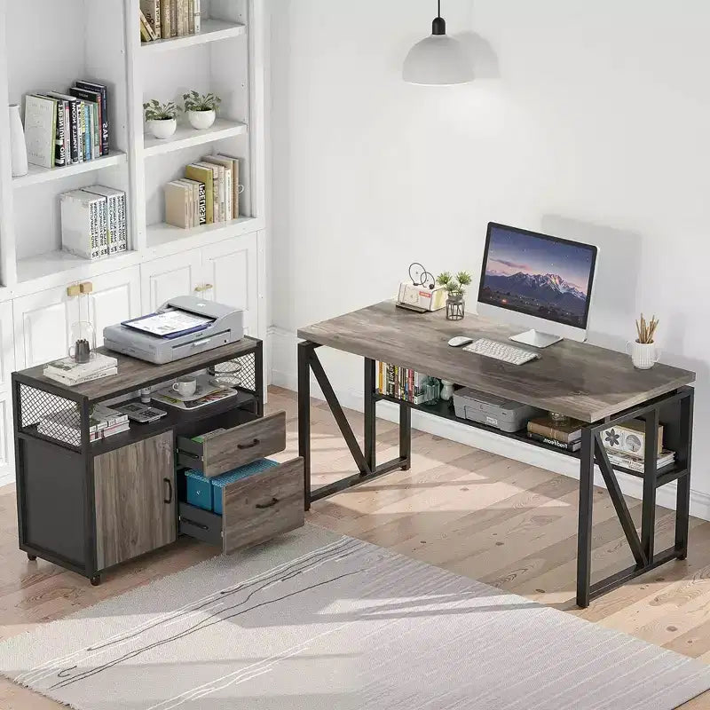 Bureau de direction en L de 63, avec étagères de rangement et caisson mobile à 2 tiroirs pour dossiers