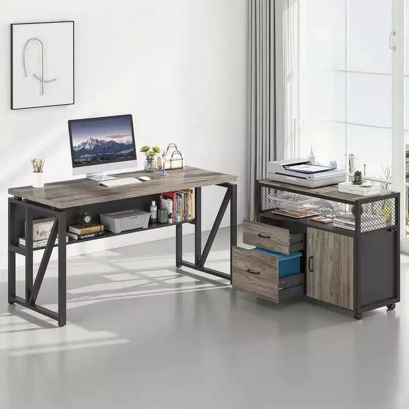 Bureau de direction en L de 63, avec étagères de rangement et caisson mobile à 2 tiroirs pour dossiers