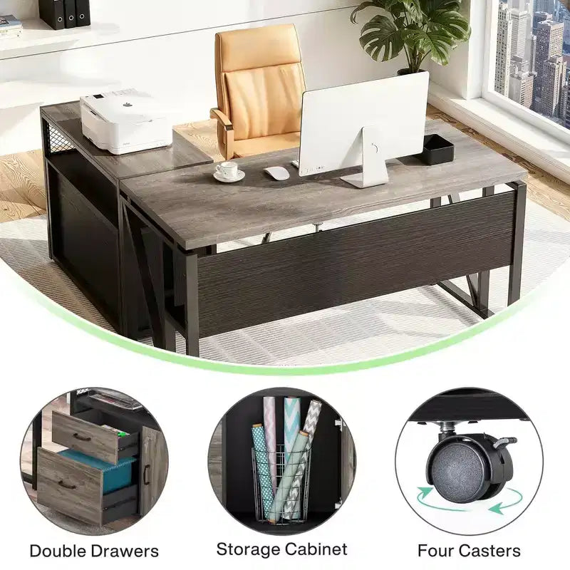 Bureau de direction en L de 63, avec étagères de rangement et caisson mobile à 2 tiroirs pour dossiers